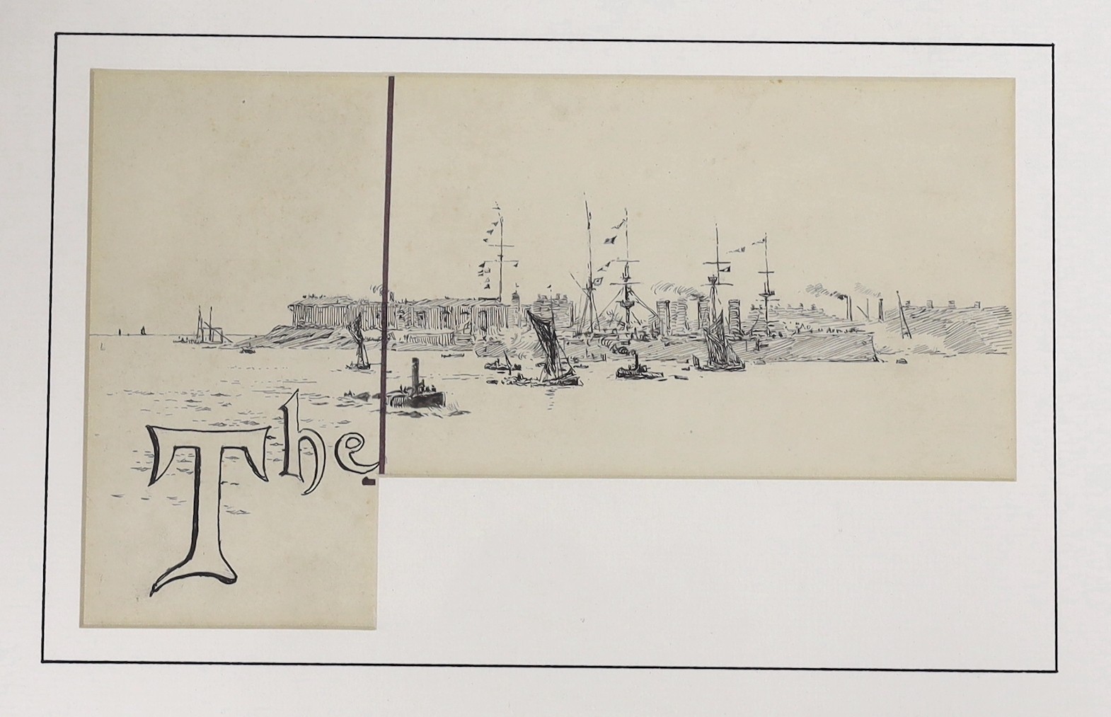 Attributed to William Lionel Wyllie, pen and ink, 'The ....' Shipping off the coast, 14 x 24cm